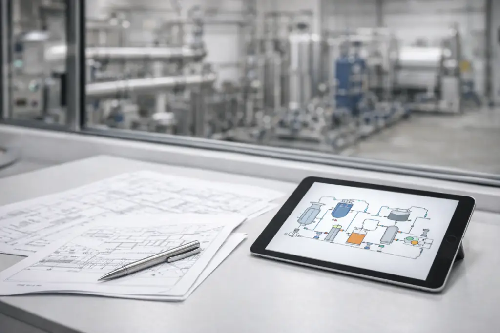 공정 검토와 파일럿 계획을 상징하는 산업 현장 사무/제어실 이미지