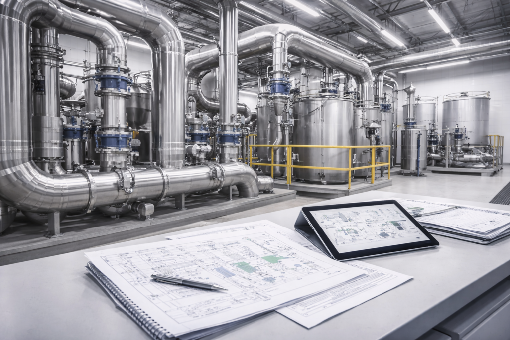 현장 검증과 설비 문서화를 상징하는 산업 설비 이미지