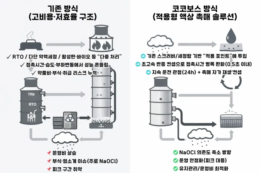 기존 악취 처리 방식과 코코보스 액상 촉매 적용 방식 공정 비교 인포그래픽